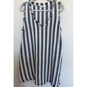 Umgee Cara Frayed Black Cream Cabana Striped Linen Blend Boho Dress Sz. Large